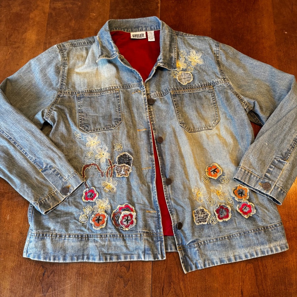 Chico Design Jacket Women 3 Blue Floral Embroidered Beaded Denim Boho Red Lined